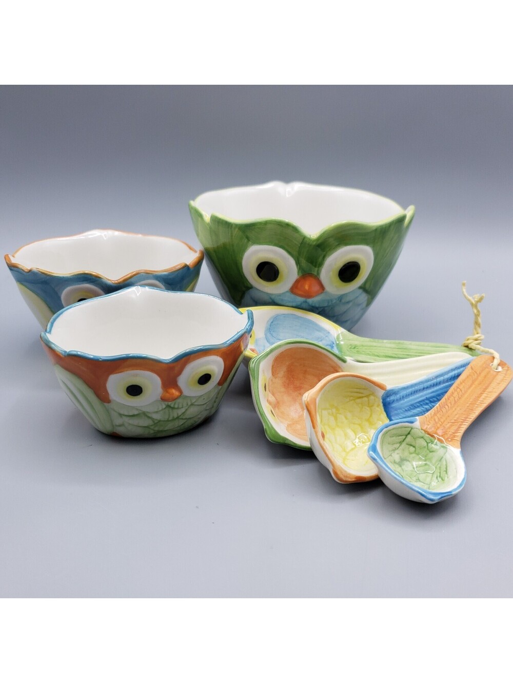 Pier 1 Ceramic Nesting Measuring Cups & Spoons Owls Hand Painted Bird 7 Pieces